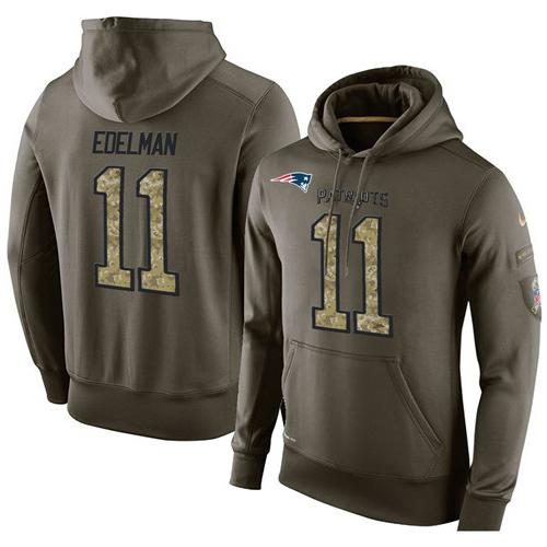 NFL Men's Nike New England Patriots #11 Julian Edelman Stitched Green Olive Salute To Service KO Performance Hoodie
